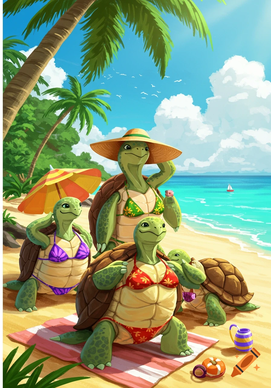 Cartoon turtles in bikinis relaxing on a tropical beach