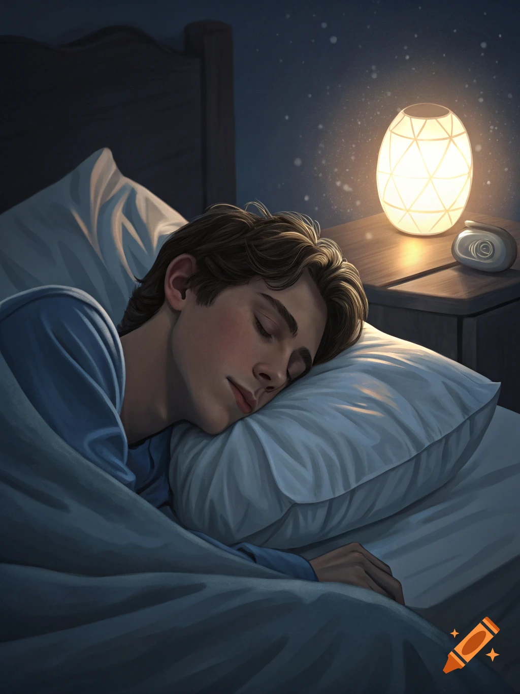 A person sleeps peacefully in bed, lit by a geometric night light on a bedside table.