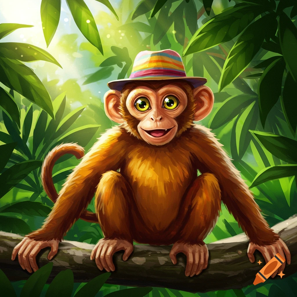 A cartoon monkey wearing a striped hat sits on a branch in a jungle illustration