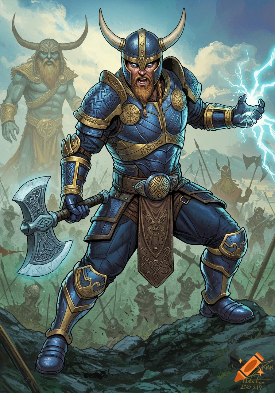 Fantasy illustration of a muscular warrior in blue and gold armor with horns, an axe, and lightning on a battlefield.