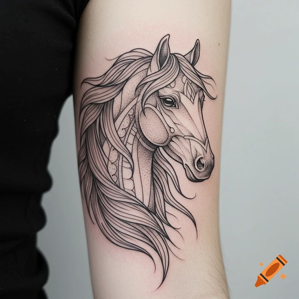 Fineline black and white horse head tattoo on an arm
