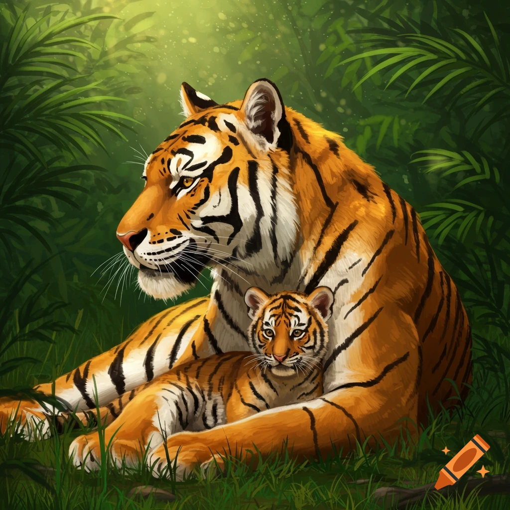 A large tiger rests with a cub in a lush jungle, illustrated style.