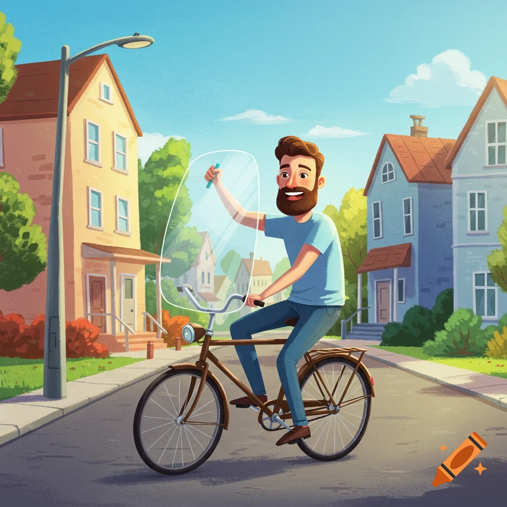 A cartoon man rides a bicycle down a suburban street, holding up a clear windshield.