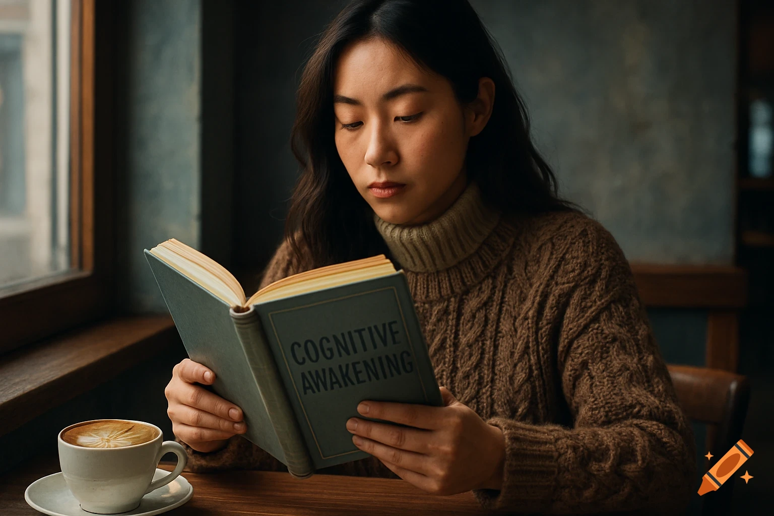 A woman reads a book titled 'Cognitive Awakening' in a cozy cafe with a cappuccino.