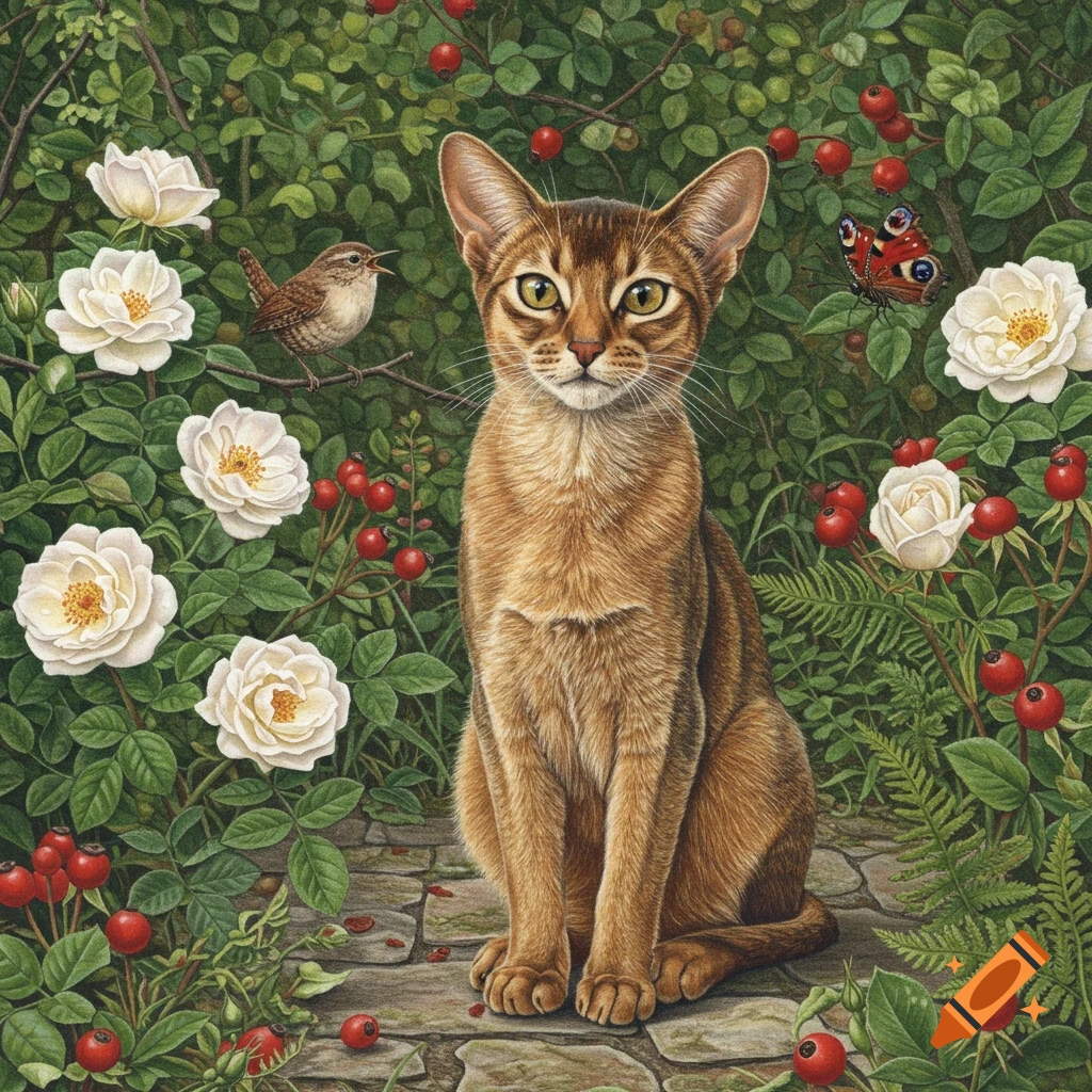 A coloured pencil drawing of an Abyssinian cat sitting in a garden with white roses, a wren, and a butterfly.