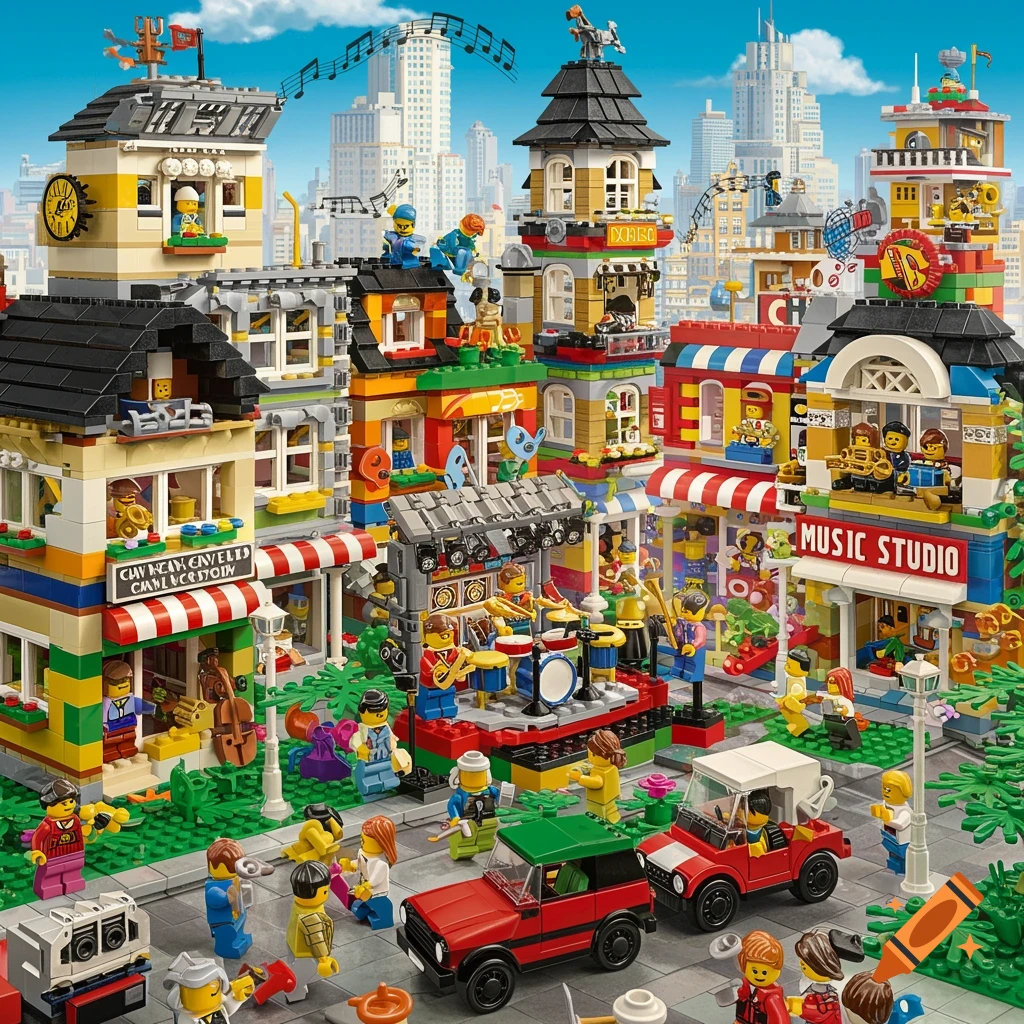 A vibrant LEGO town scene with buildings, streets, minifigures, cars, and a band playing on a stage. Includes a Music Studio.