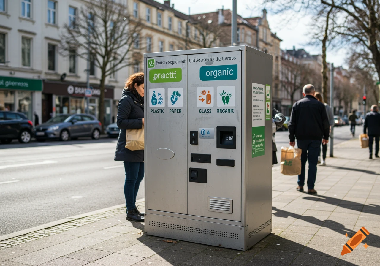 A woman uses a modern recycling machine on a city street in photorealistic style.