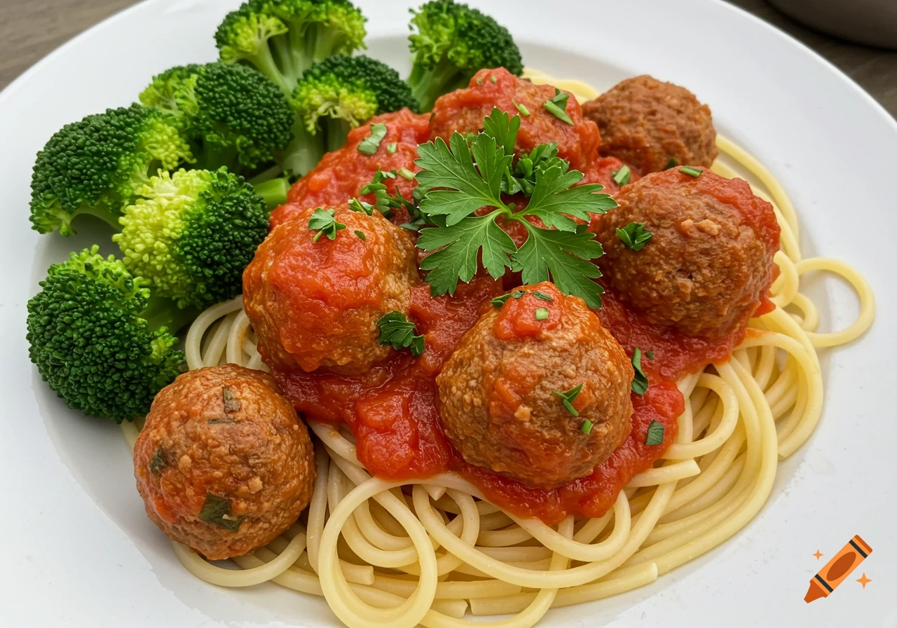 A plate of spaghetti and meatballs with tomato sauce and broccoli, garnished with parsley.