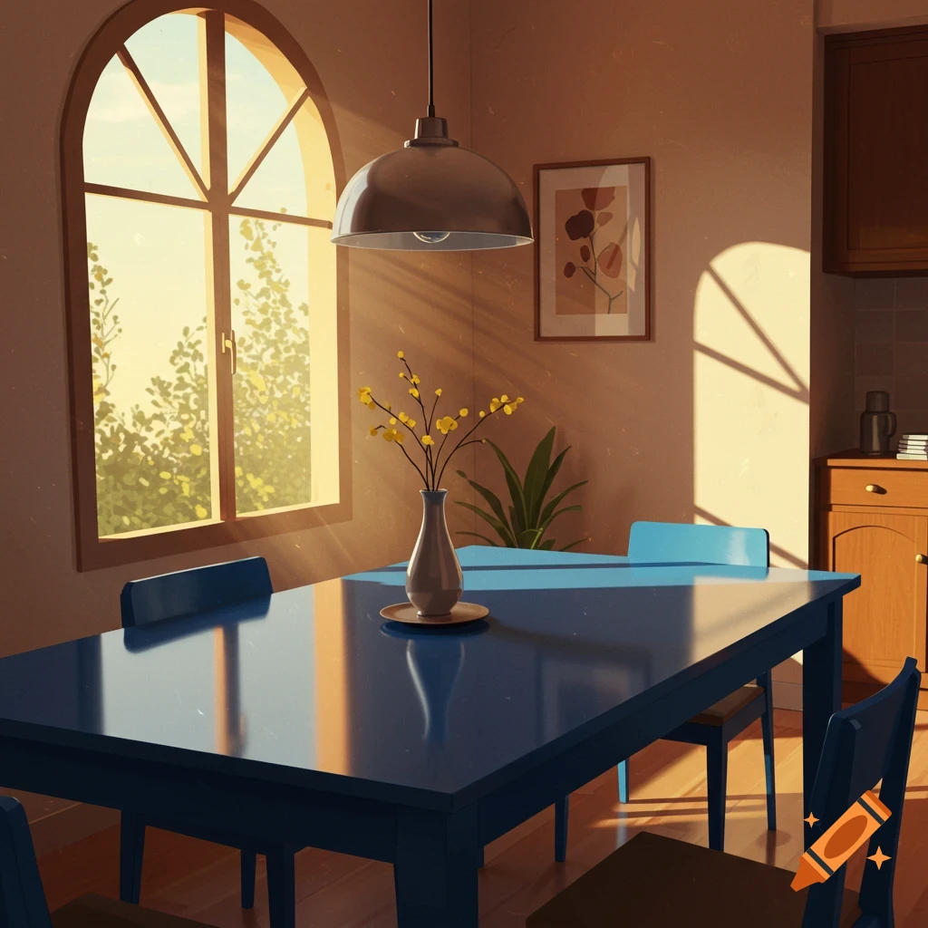 Dining room with blue table by sunny window, vase of flowers, and framed art. Warm, illustrative style.