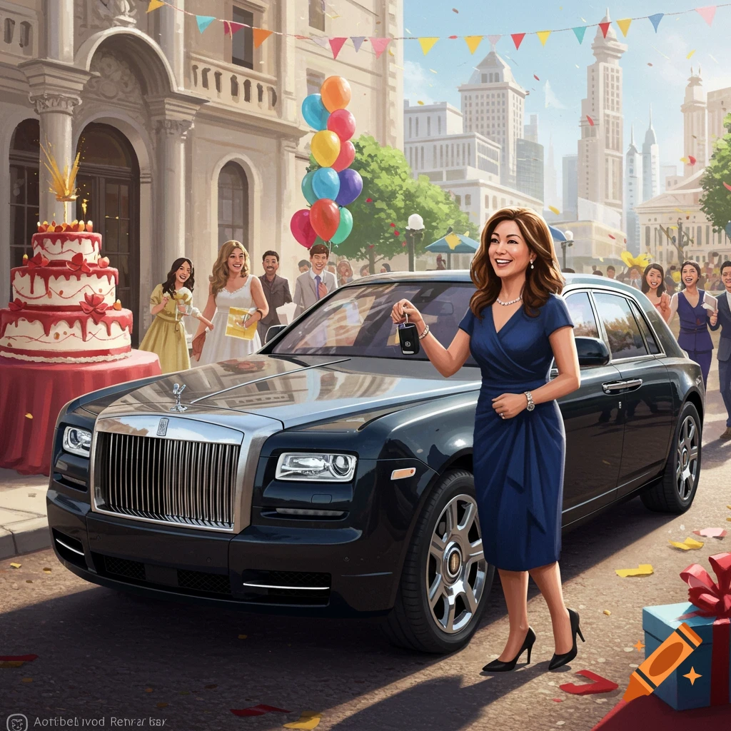 Woman receiving keys to a black luxury car at a birthday celebration with cake, balloons, and people in a city street.