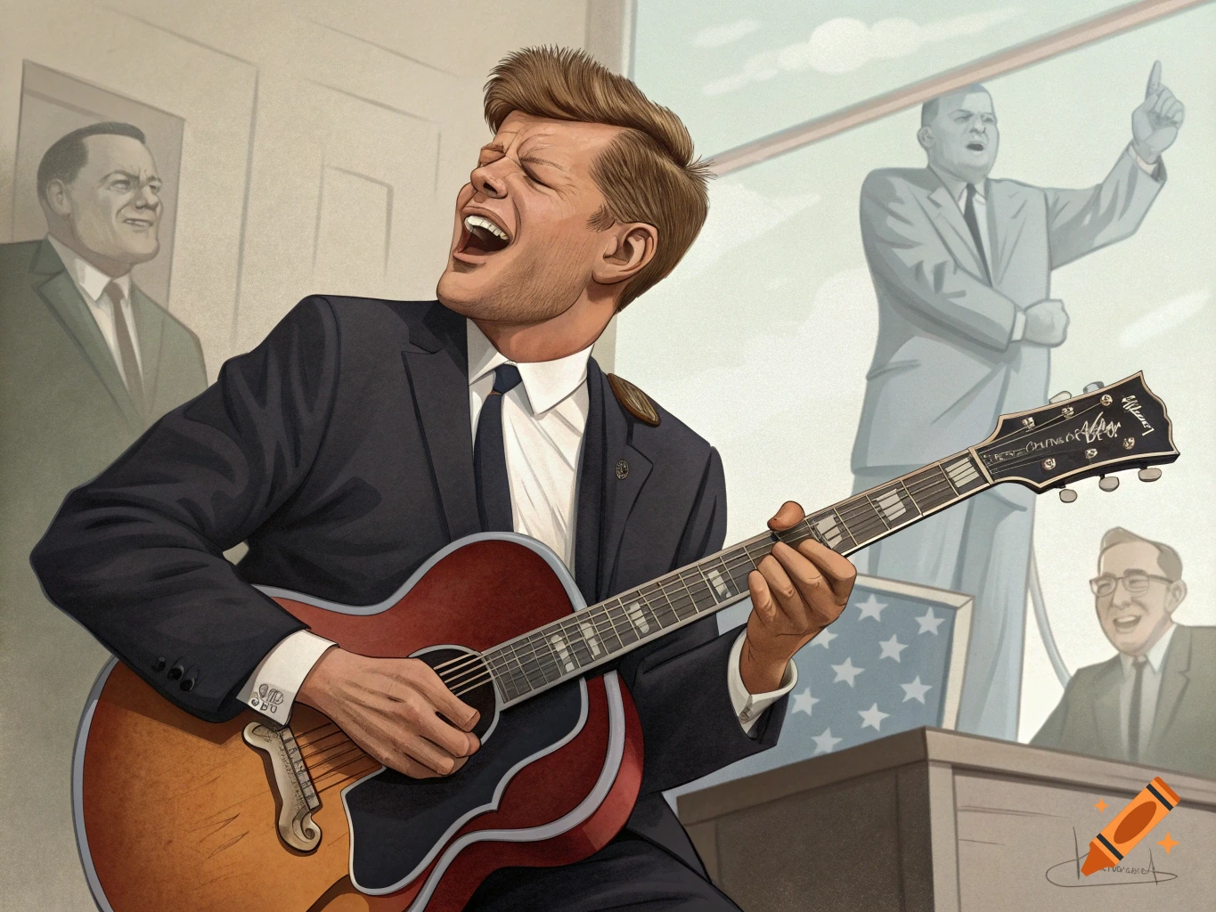 Illustration of JFK playing a guitar on stage during a political event.