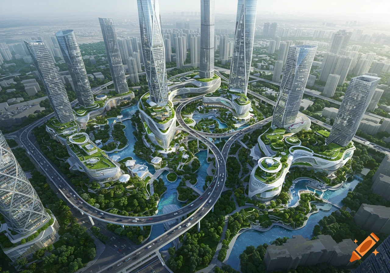 Aerial view of a futuristic city with tall, organic skyscrapers, elevated highways, and green spaces.