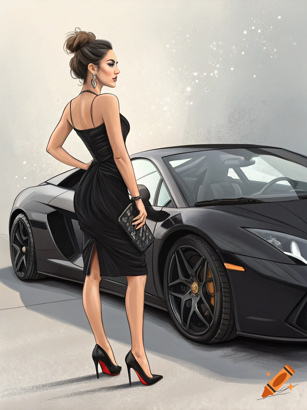 Illustration of a woman in a black dress and high heels standing next to a black Lamborghini.
