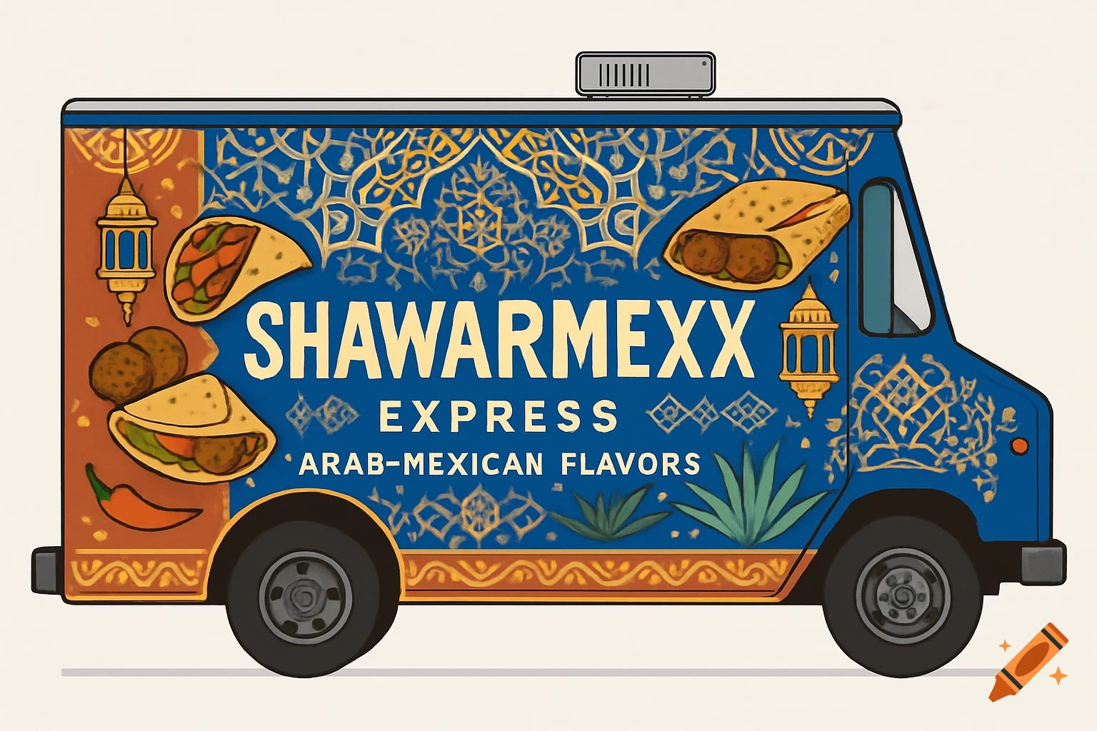Flat illustration of a blue and orange food truck with Shawarmexx Arab-Mexican Flavors branding.