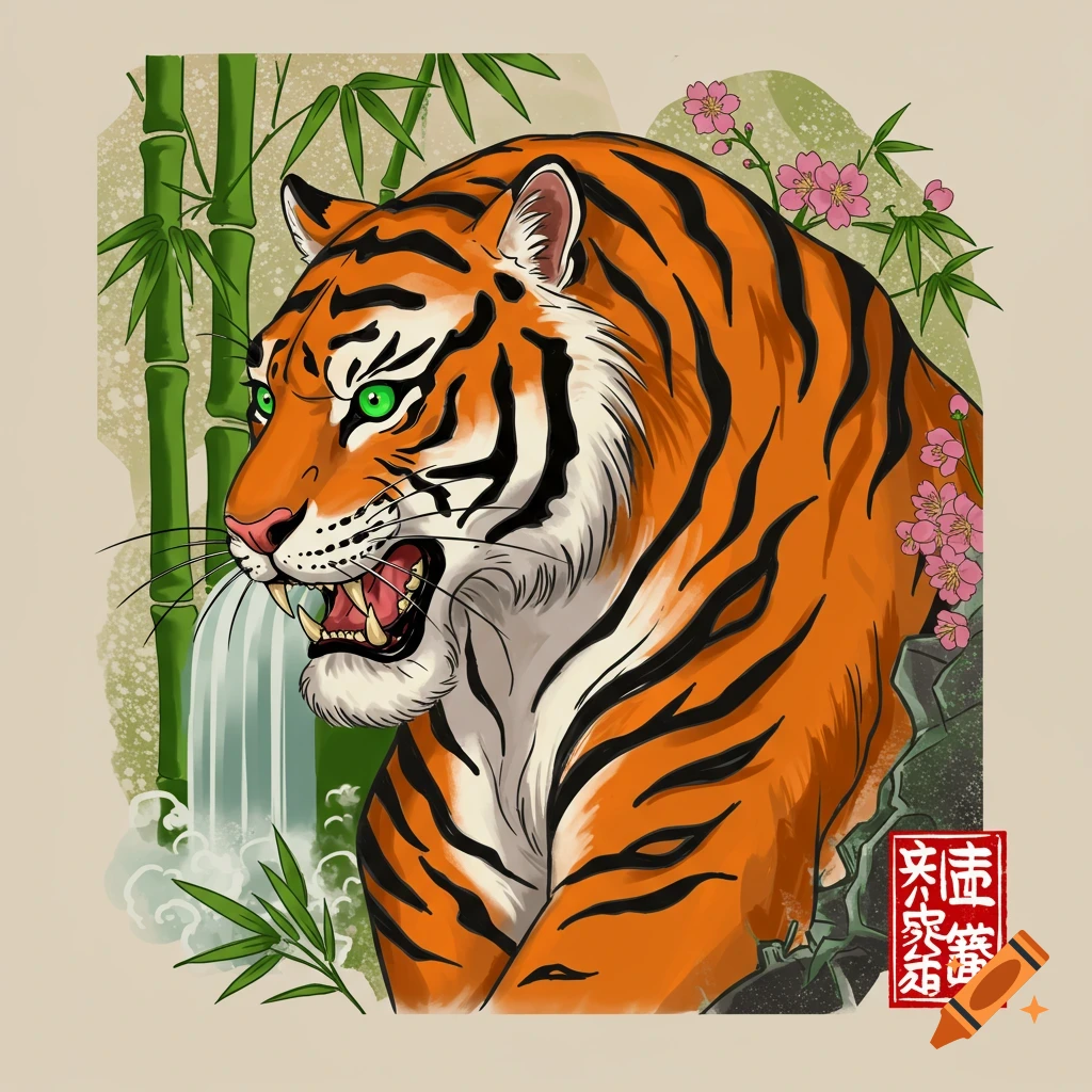 Japanese traditional illustration of a tiger with bamboo and cherry blossoms.
