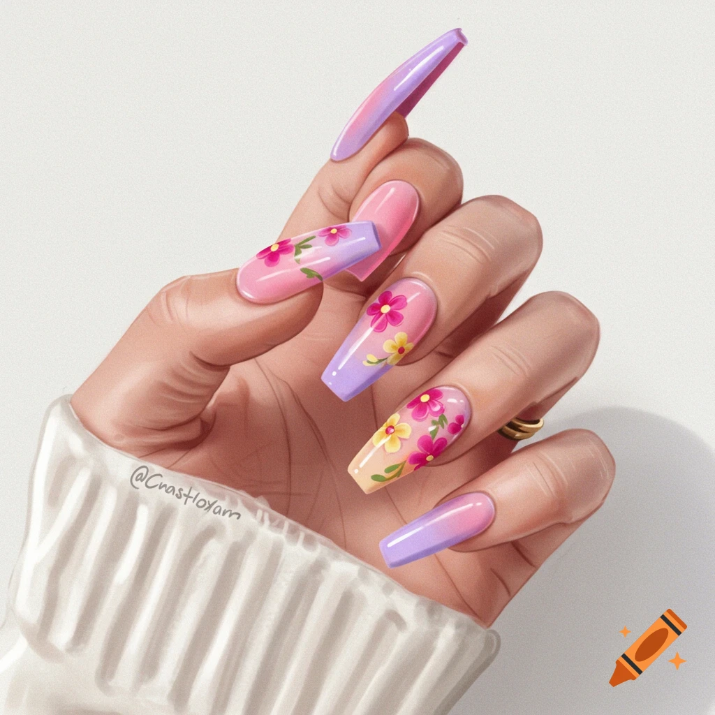 Illustration of a hand with long pink and purple gradient nails painted with flowers, wearing a white sweater.