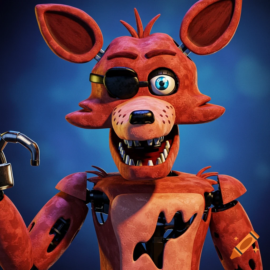Close-up 3D render of a red animatronic fox with an eyepatch and hook.