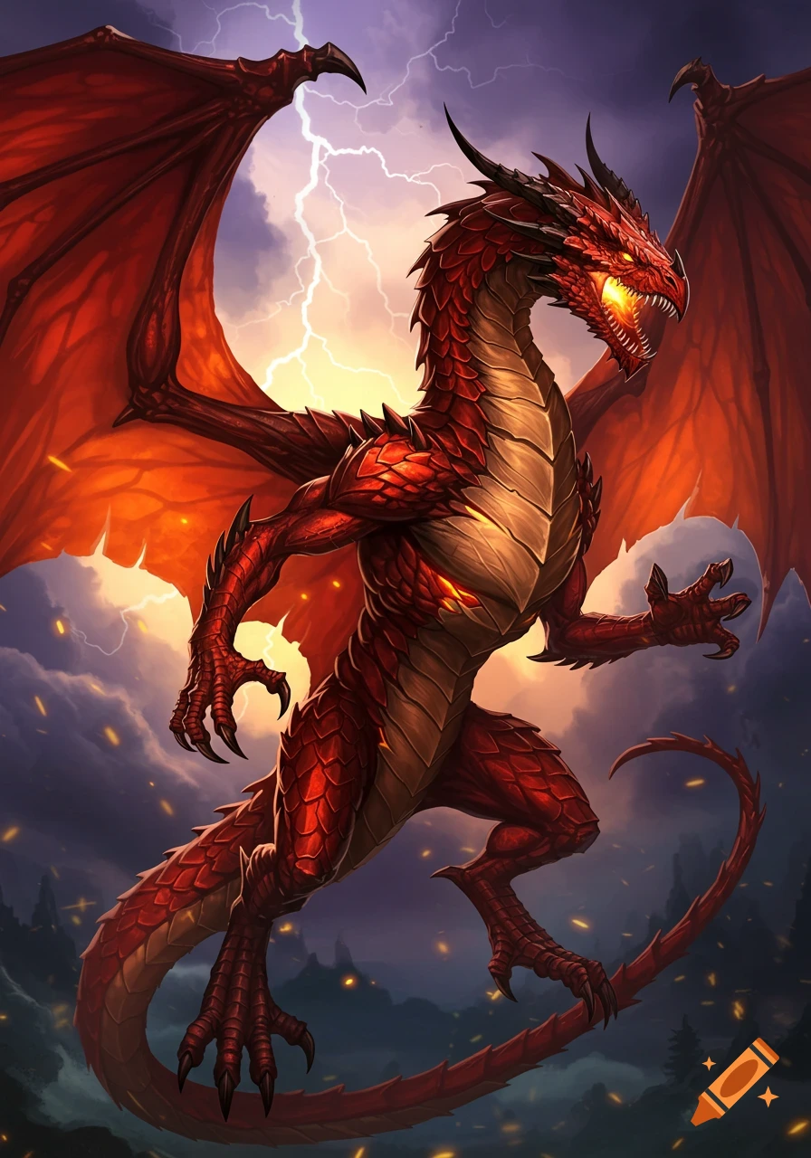 A fierce red dragon with large wings roars as lightning strikes behind it in a storm.