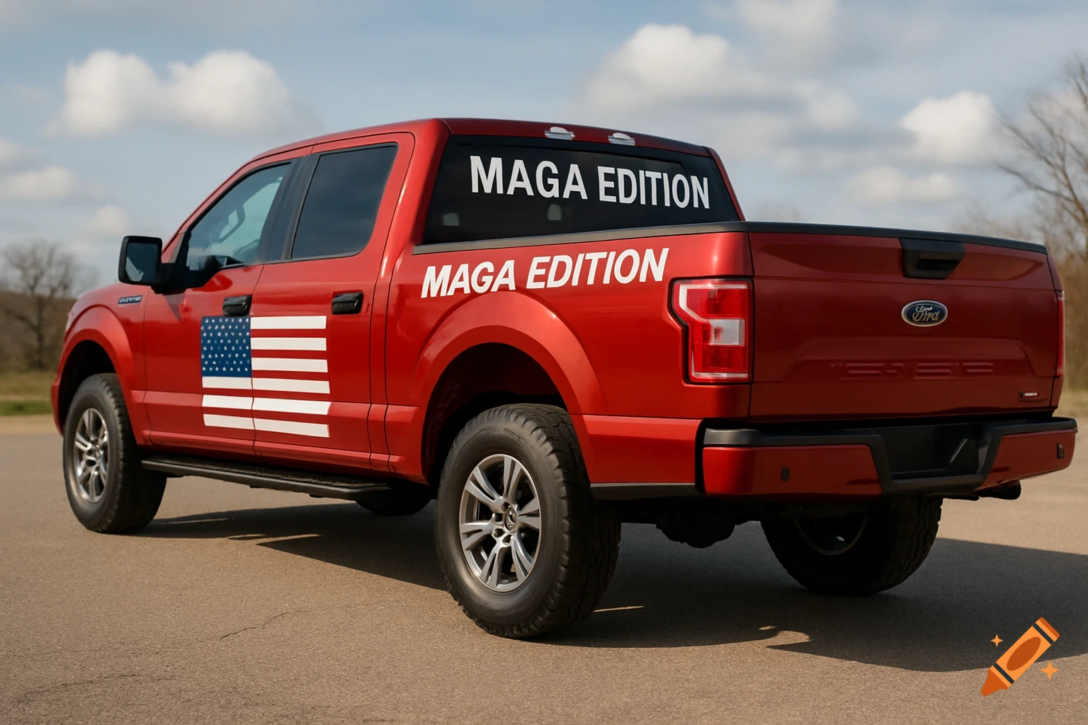A red Ford F-150 truck with an American flag decal and "MAGA EDITION" text on the side and rear window, parked on pavement.