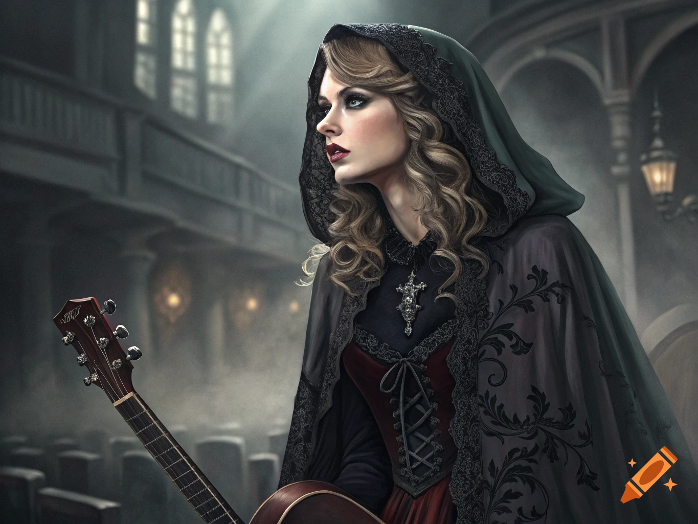 Digital painting of a woman in gothic attire holding a guitar in a church interior