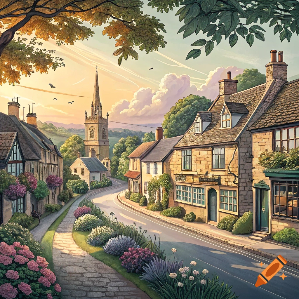 Picturesque village street with stone buildings, church steeple, and flowers in illustrative style.
