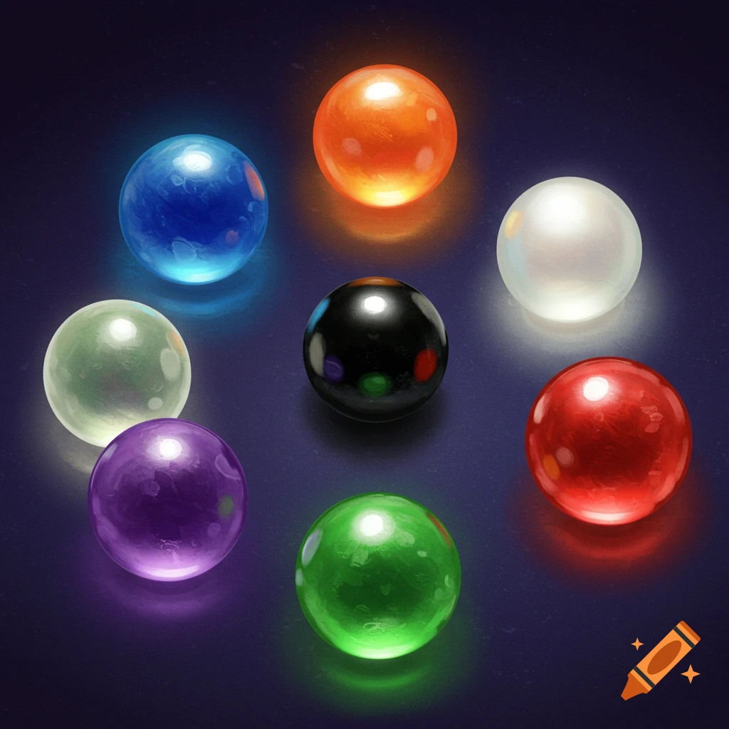 Seven glowing, colorful crystal orbs arranged in a circle on a dark background.