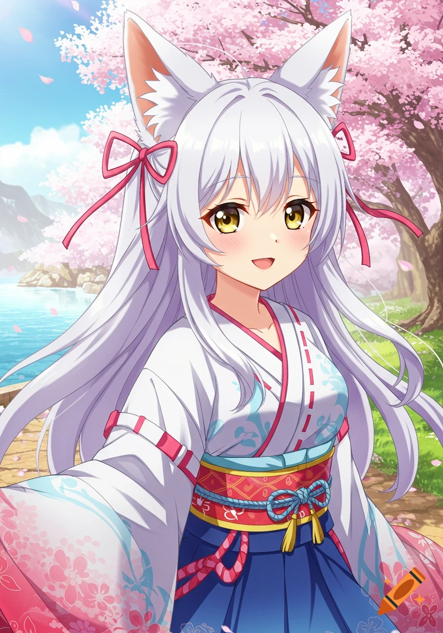 Anime fox girl in traditional Japanese outfit among cherry blossoms