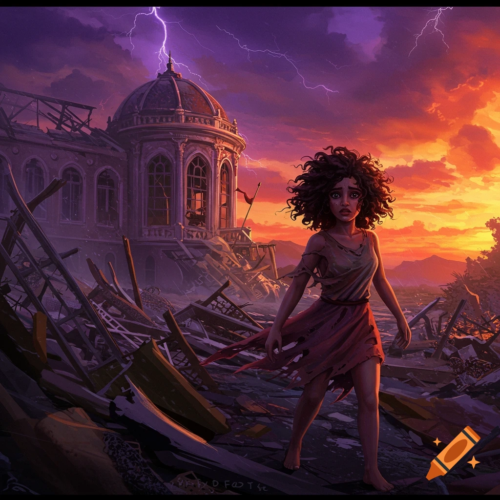 A girl stands in the rubble of a ruined building under a stormy, orange sky with lightning. Fantasy art.