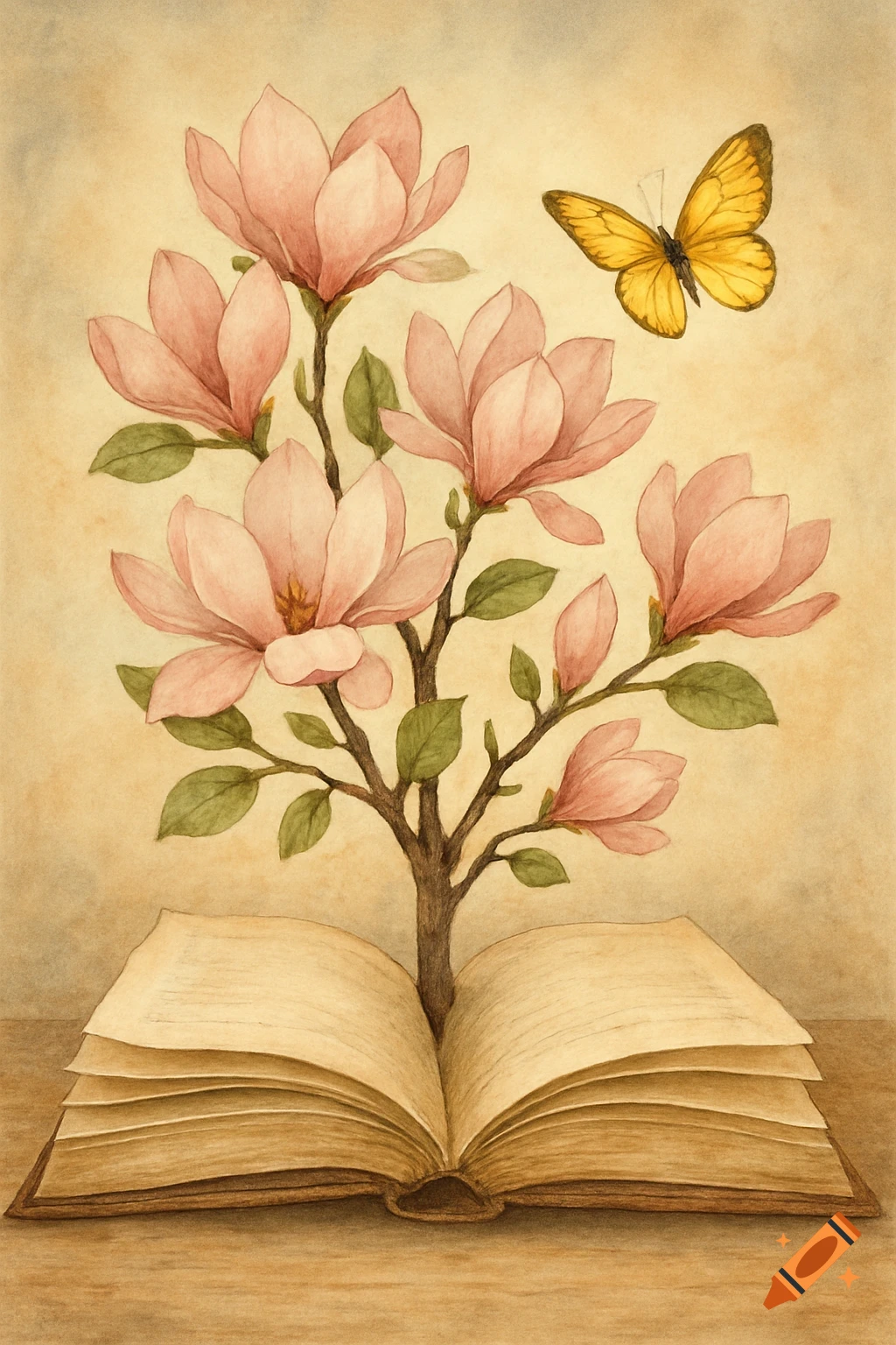 Watercolor illustration of a magnolia tree growing from an open book with a yellow butterfly