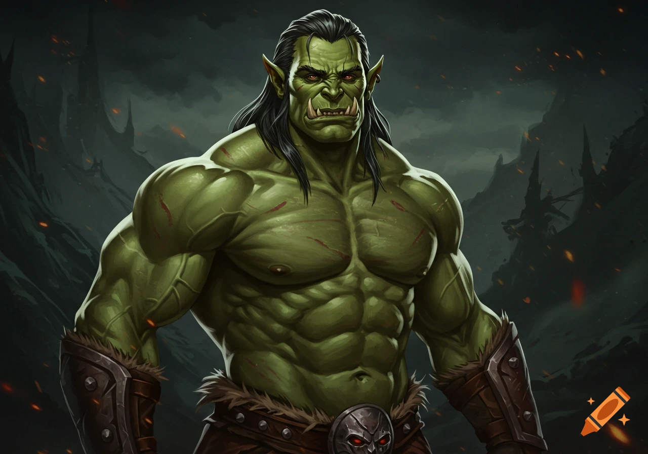 Muscular green orc with fangs and scars, digital illustration