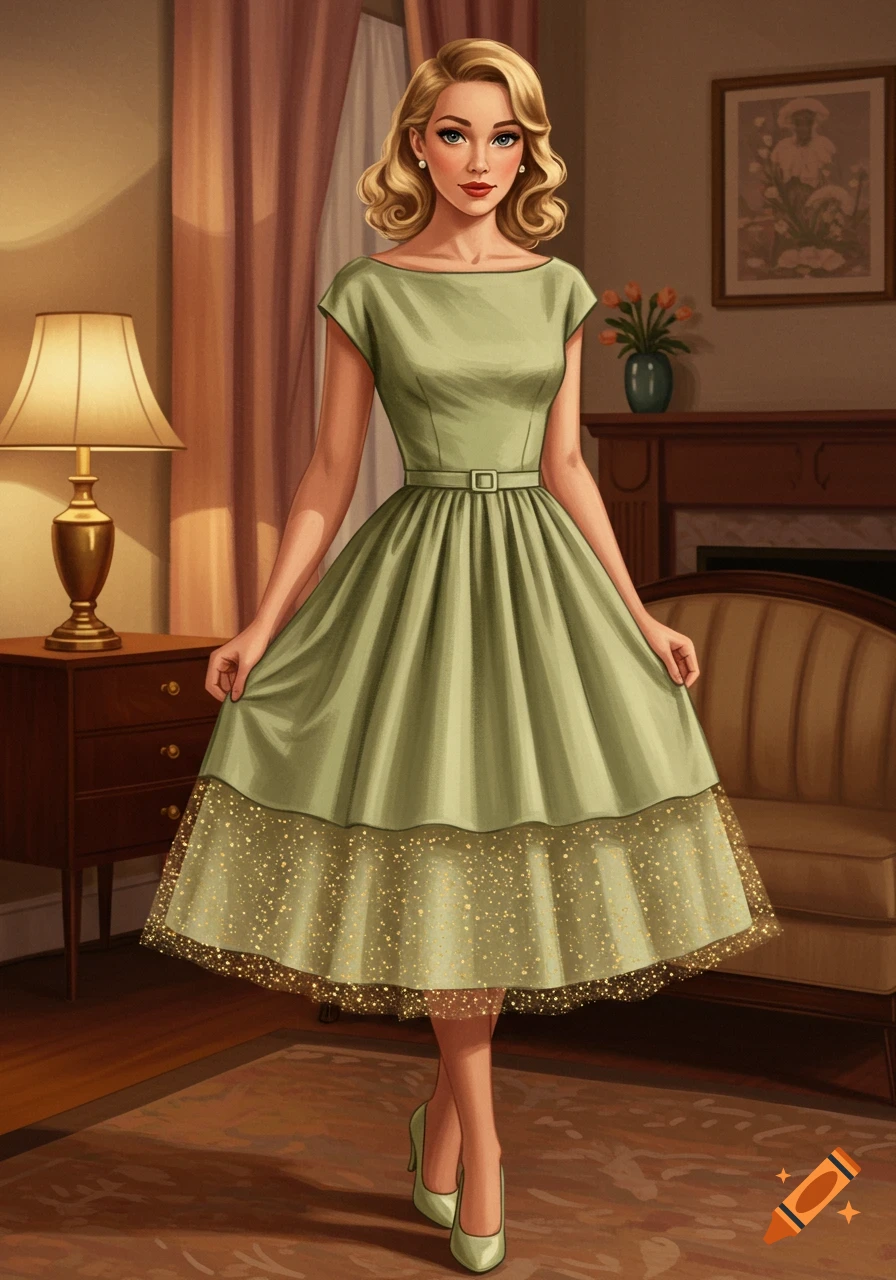 Illustration of a woman in a green 1950s A-line dress with a gold mesh skirt overlay, standing in a lamp-lit room.