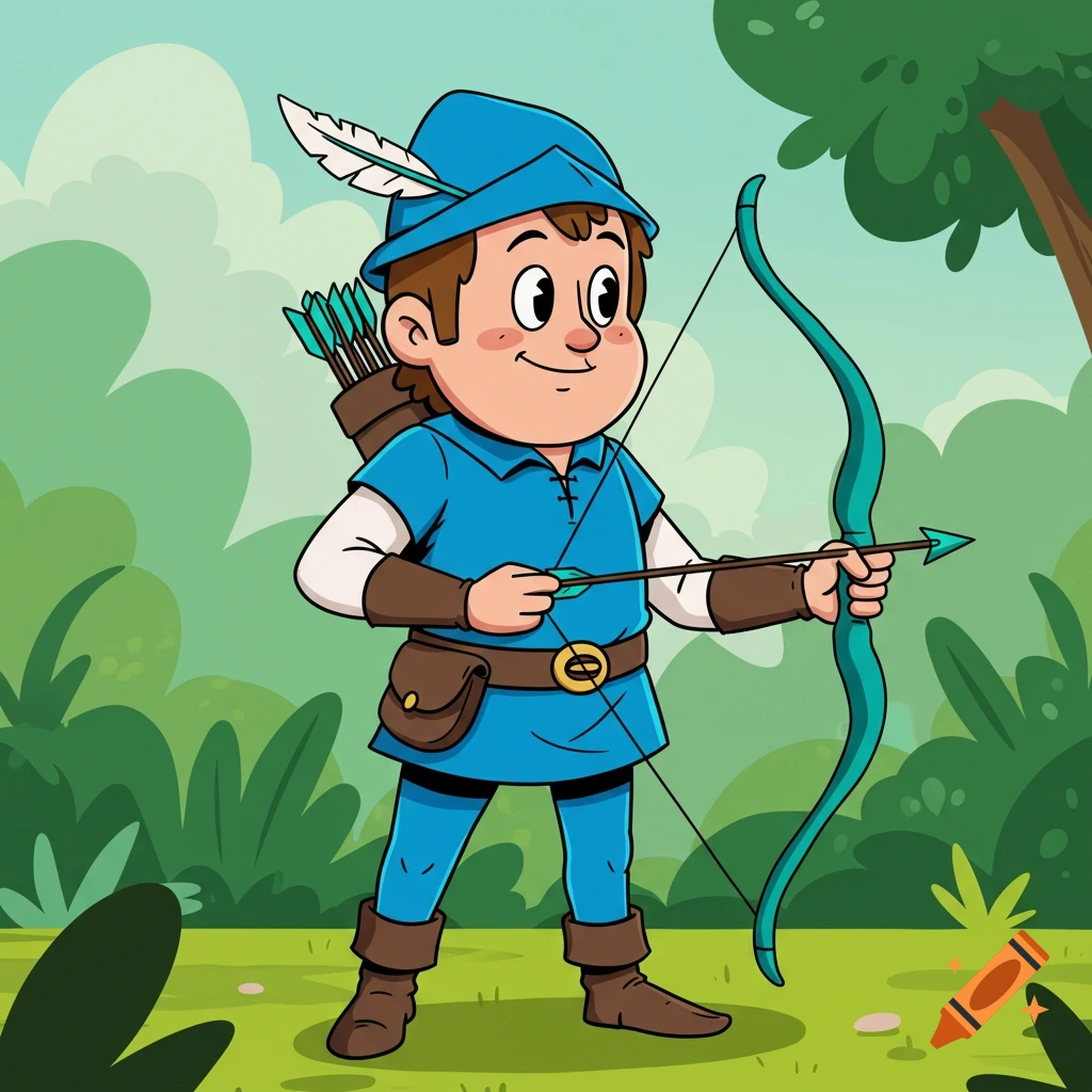 Cartoon character dressed as an archer in blue, holding a bow and arrow in a forest.