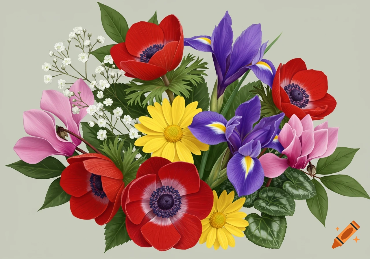 A colorful bouquet of red anemones, purple irises, yellow daisies, pink cyclamen, and baby's breath.