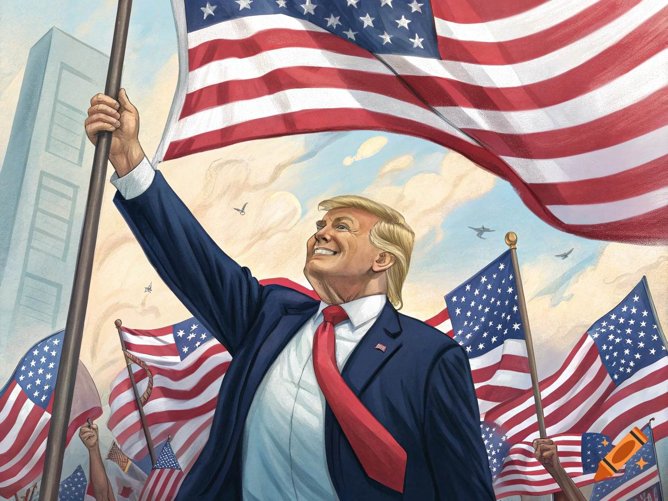 Illustration of Donald Trump holding a large American flag, smiling among a crowd with many flags.