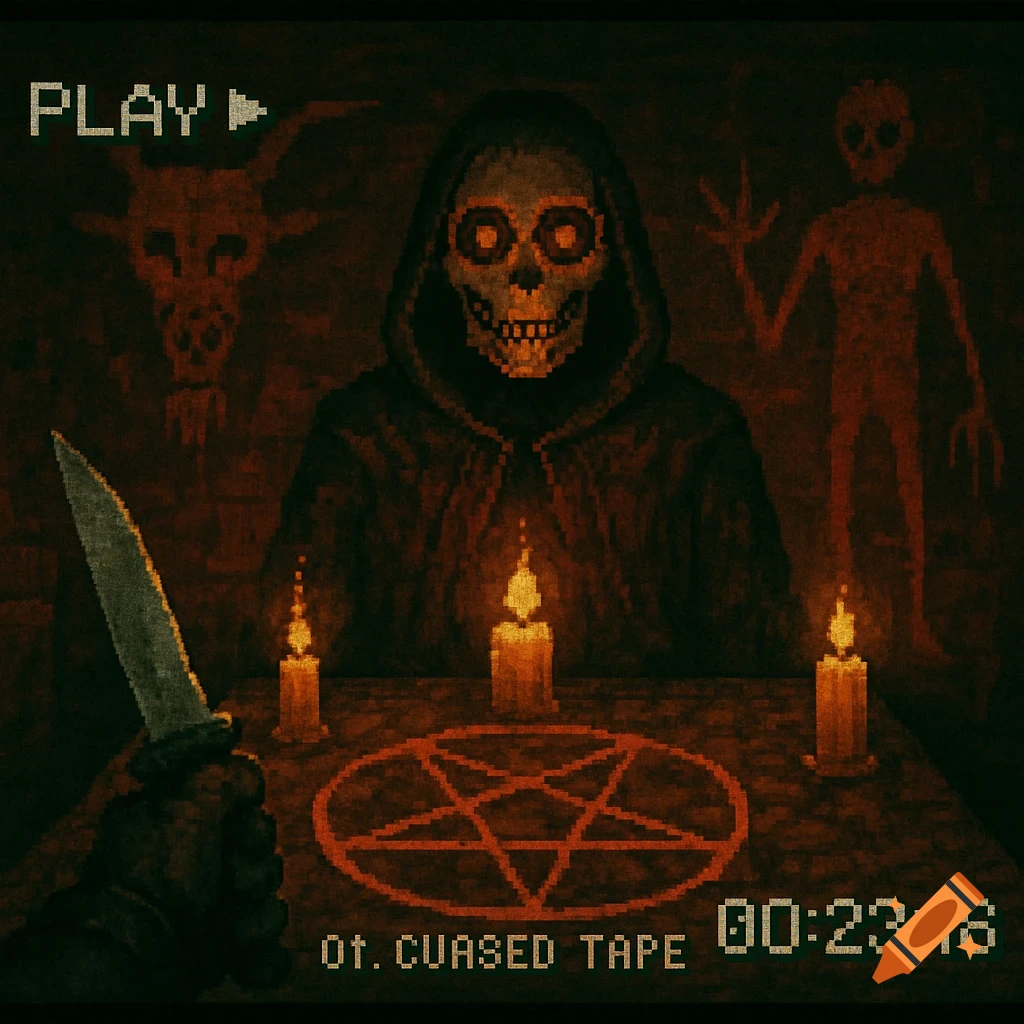 Pixel art of a hooded skeleton with a pentagram, candles, knife, and VHS overlay in analog horror style.