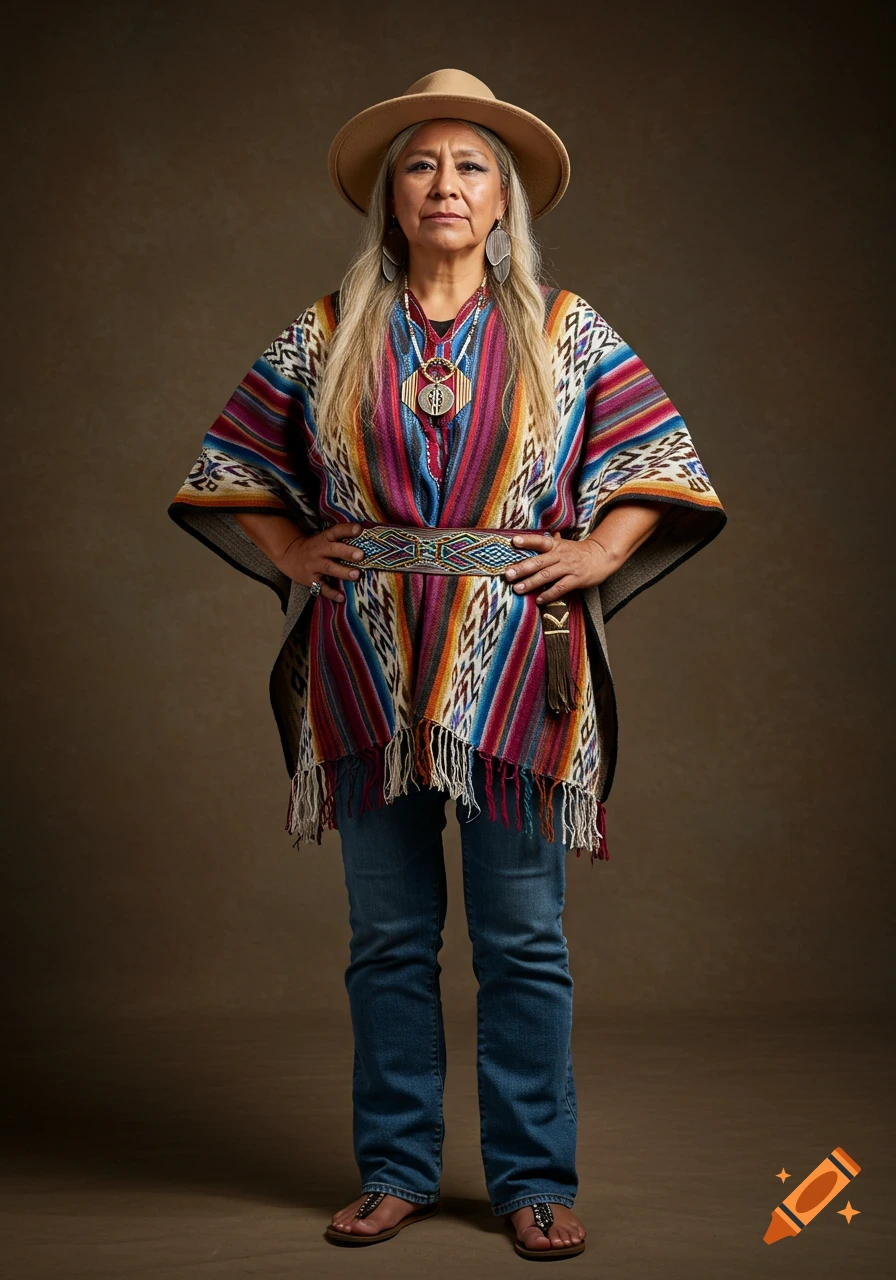 Full-body portrait of an Indigenous woman wearing a colorful poncho, jeans, and hat, hands on hips, standing against a neutral background, digital art.