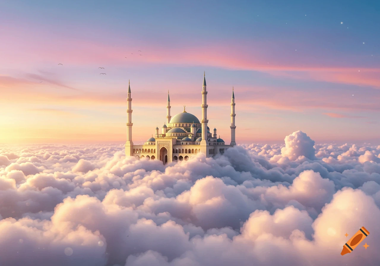 A large mosque with minarets and domes sits atop fluffy clouds during a sunrise or sunset.