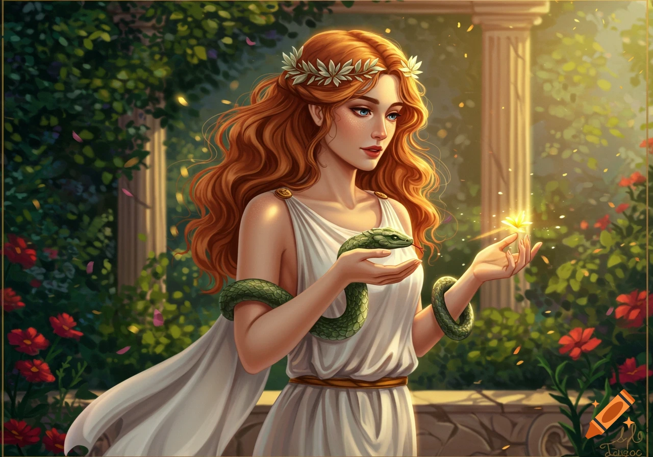 An illustration of a woman in a white dress and laurel wreath holding a snake and a glowing light in a garden.