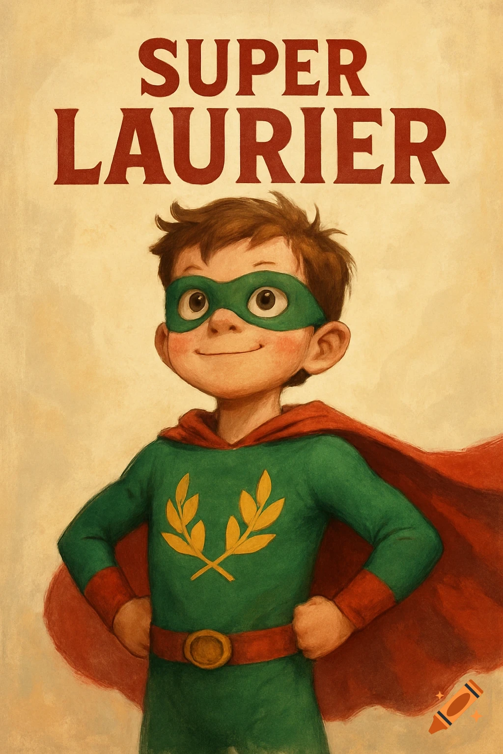 Illustration of a boy in a green superhero costume and red cape with the text SUPER LAURIER.