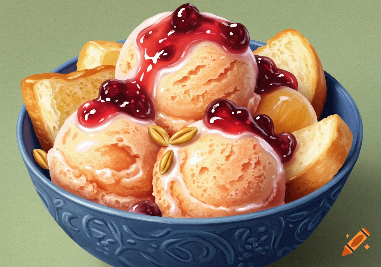 A close-up digital illustration of a bowl of ice cream topped with berry sauce and toast.