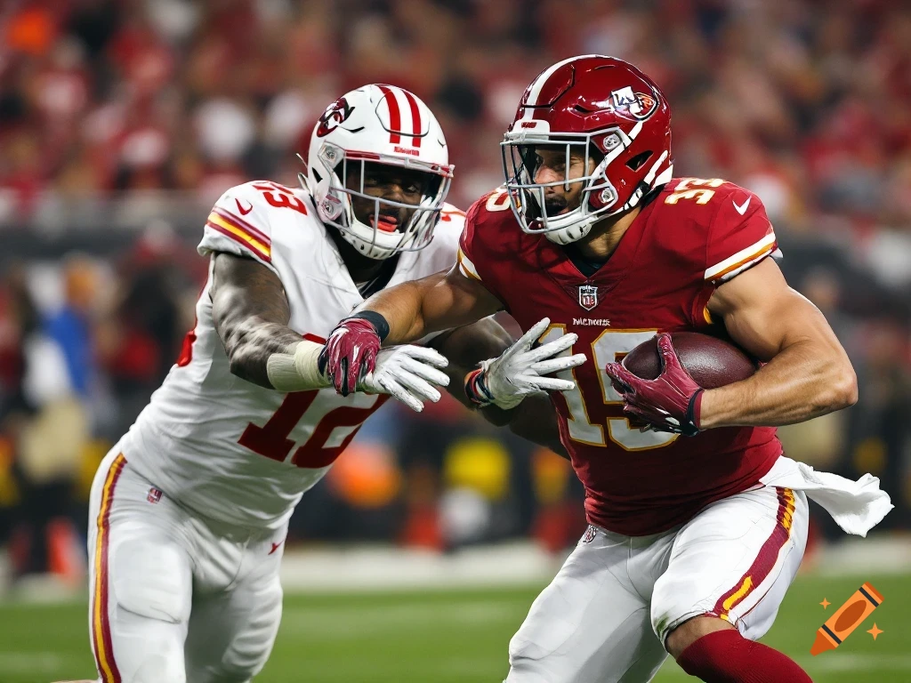 Two football players, one in a white jersey and one in a red jersey, in action on a field, one player stiff-arming the other while carrying the ball. Photorealistic.