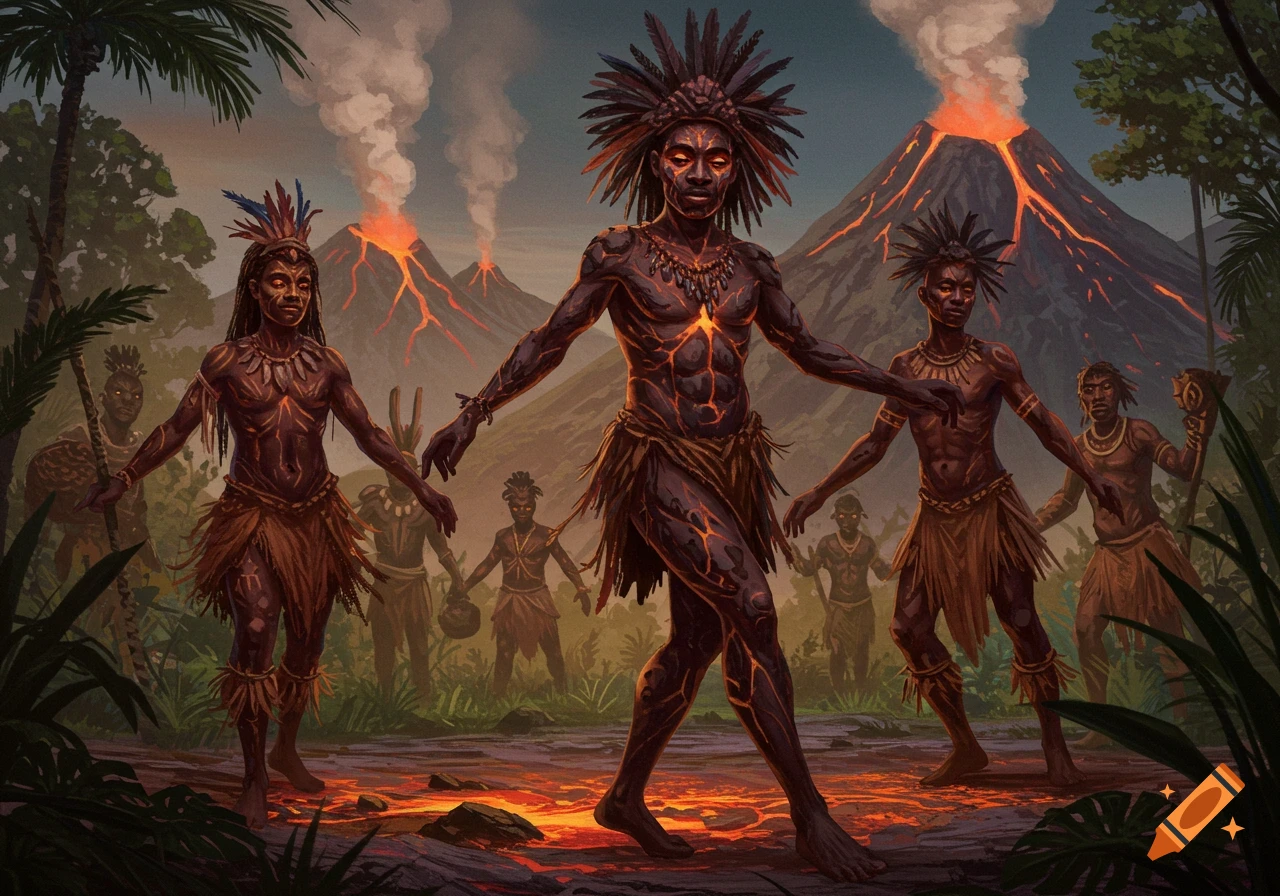Fantasy illustration of tribal figures with lava markings walking on lava near erupting volcanoes in a jungle.