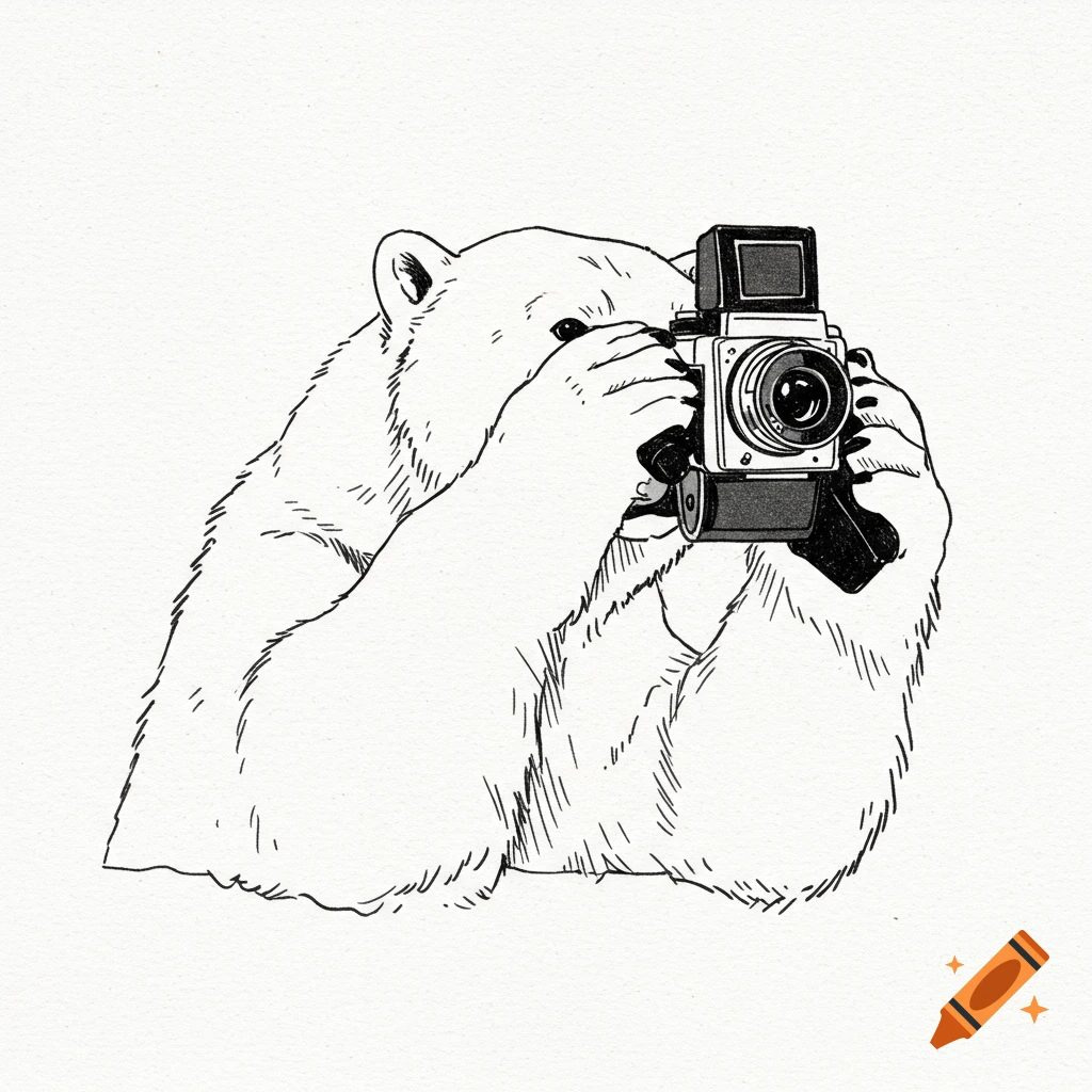 Line drawing of a polar bear looking through a camera.
