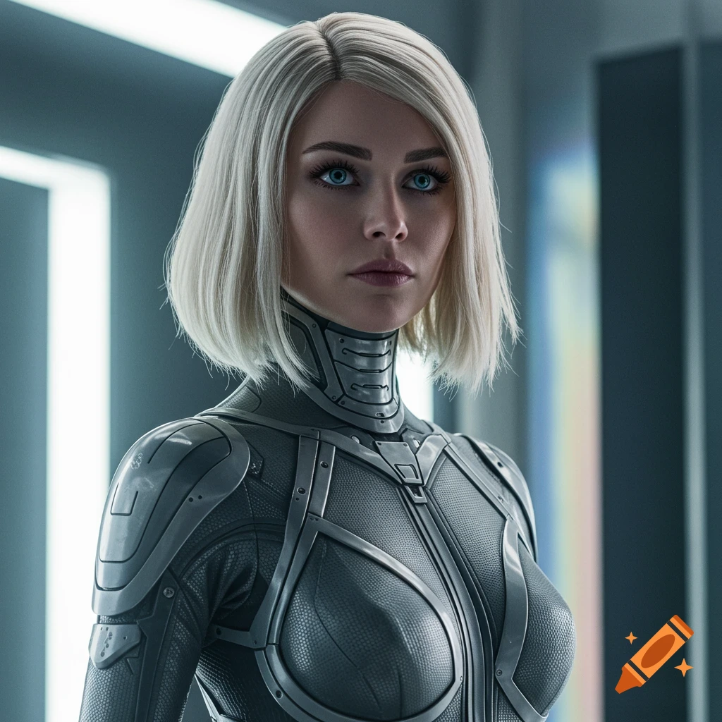 Photorealistic portrait of a woman with blonde hair and blue eyes wearing a futuristic grey and silver suit.