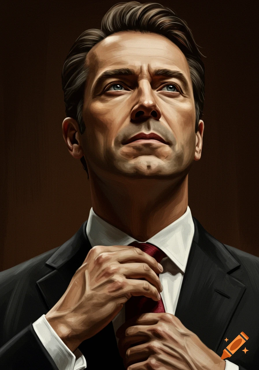 Painted portrait of a man in a suit and red tie, looking up while adjusting his tie.