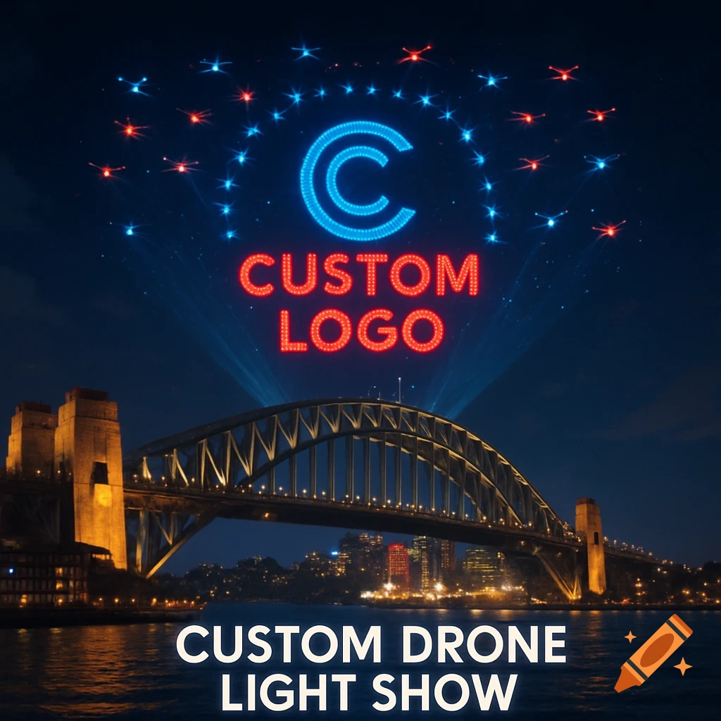 A drone light show forms a logo and text above the Sydney Harbour Bridge at night.
