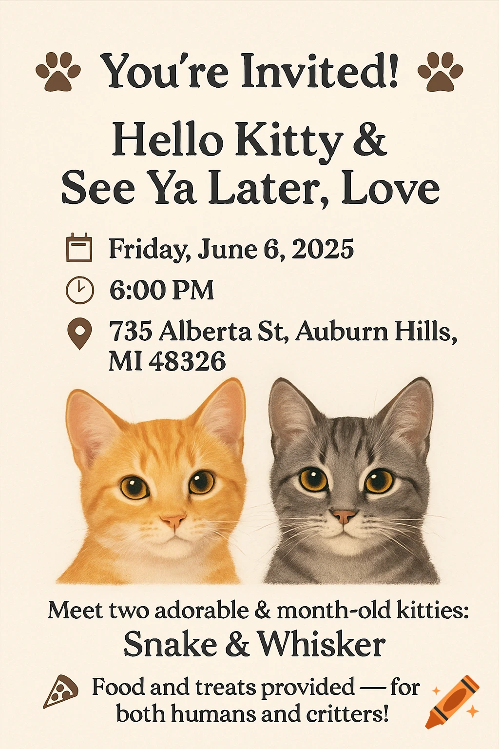 An invitation poster featuring two kittens and event details.