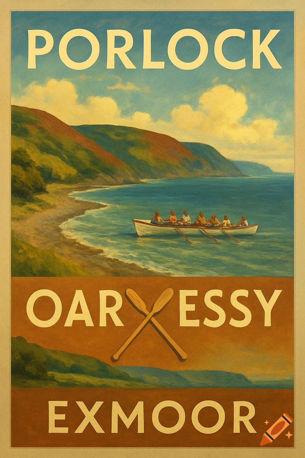 Vintage travel poster for Porlock and Exmoor, showing a coastal scene with a rowing boat and text.