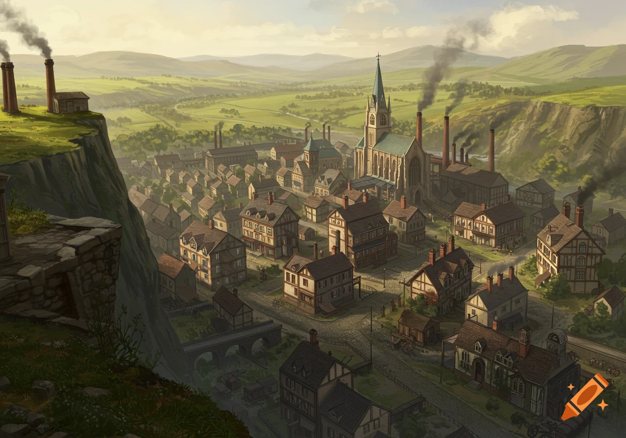 An illustrated aerial view of a Victorian industrial town with factories and a church in a valley, seen from a clifftop.