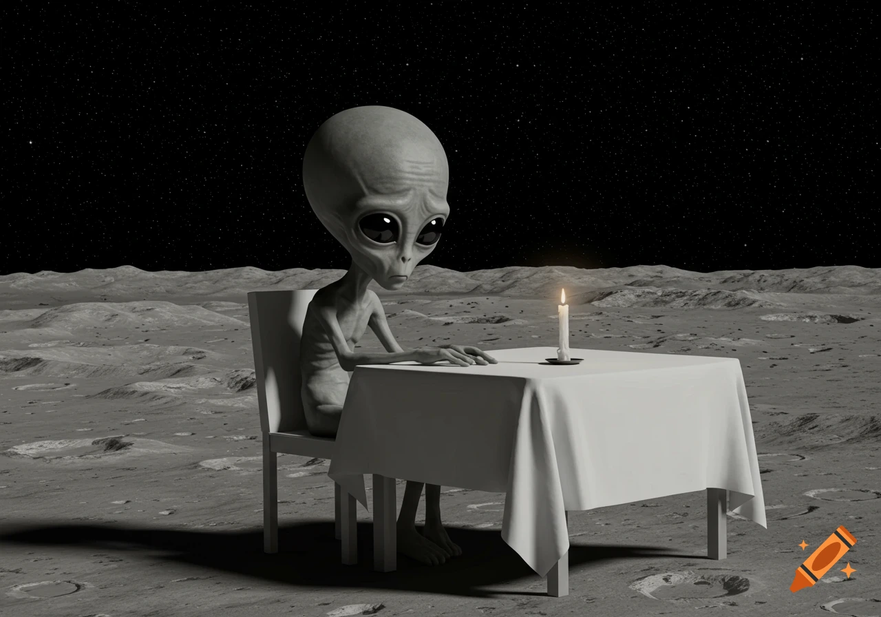A sad grey alien sits at a table with a candle on the moon.